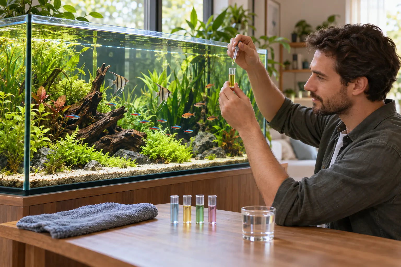 Aquariaan controleert de waterkwaliteit naast een gezond beplant aquarium