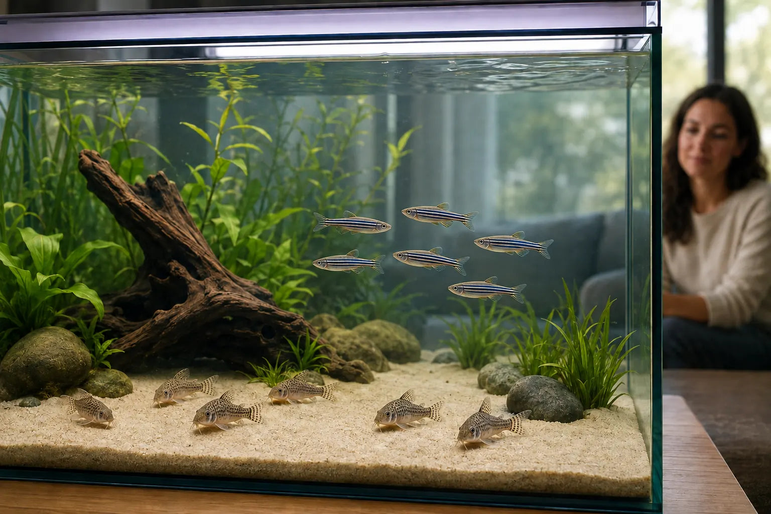 School zebravissen en groep Corydoras in een ruim beplant beginnersaquarium