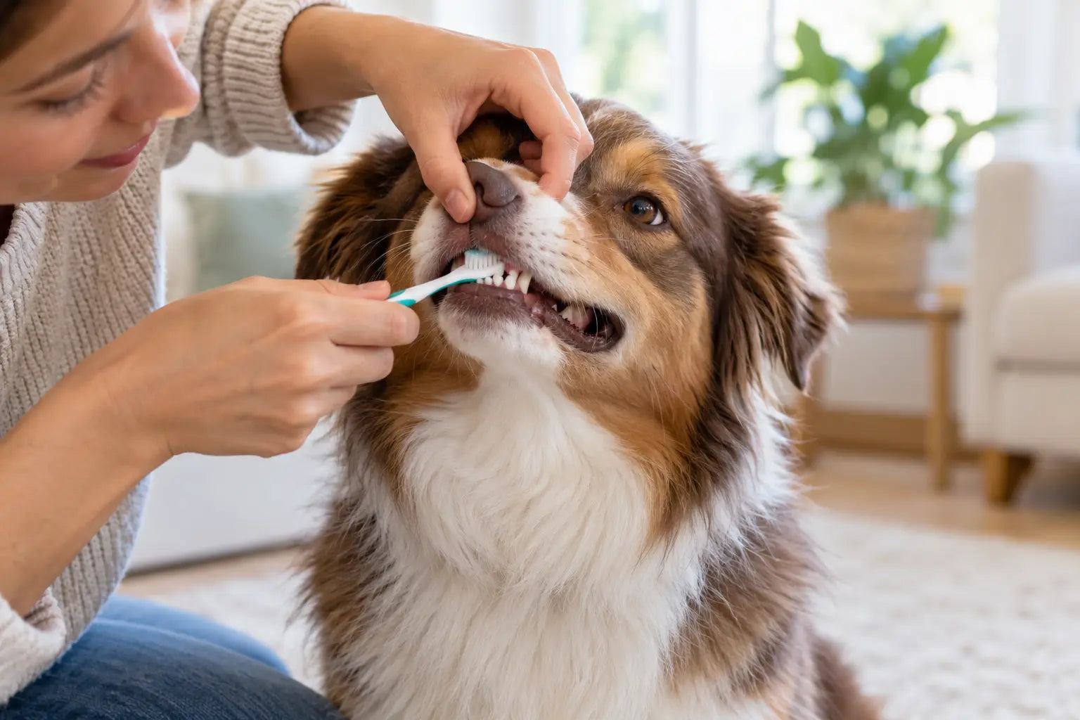 Eigenaar poetst rustig de tanden van een ontspannen hond