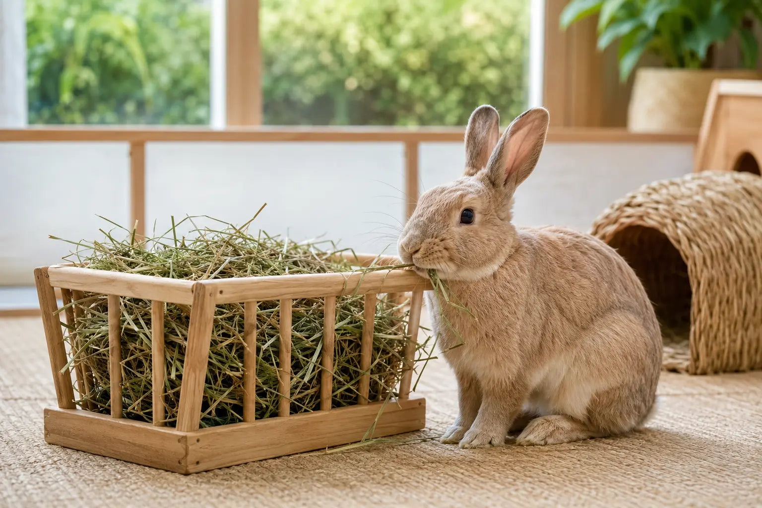 Konijn eet onbeperkt vers hooi uit een houten hooiruif