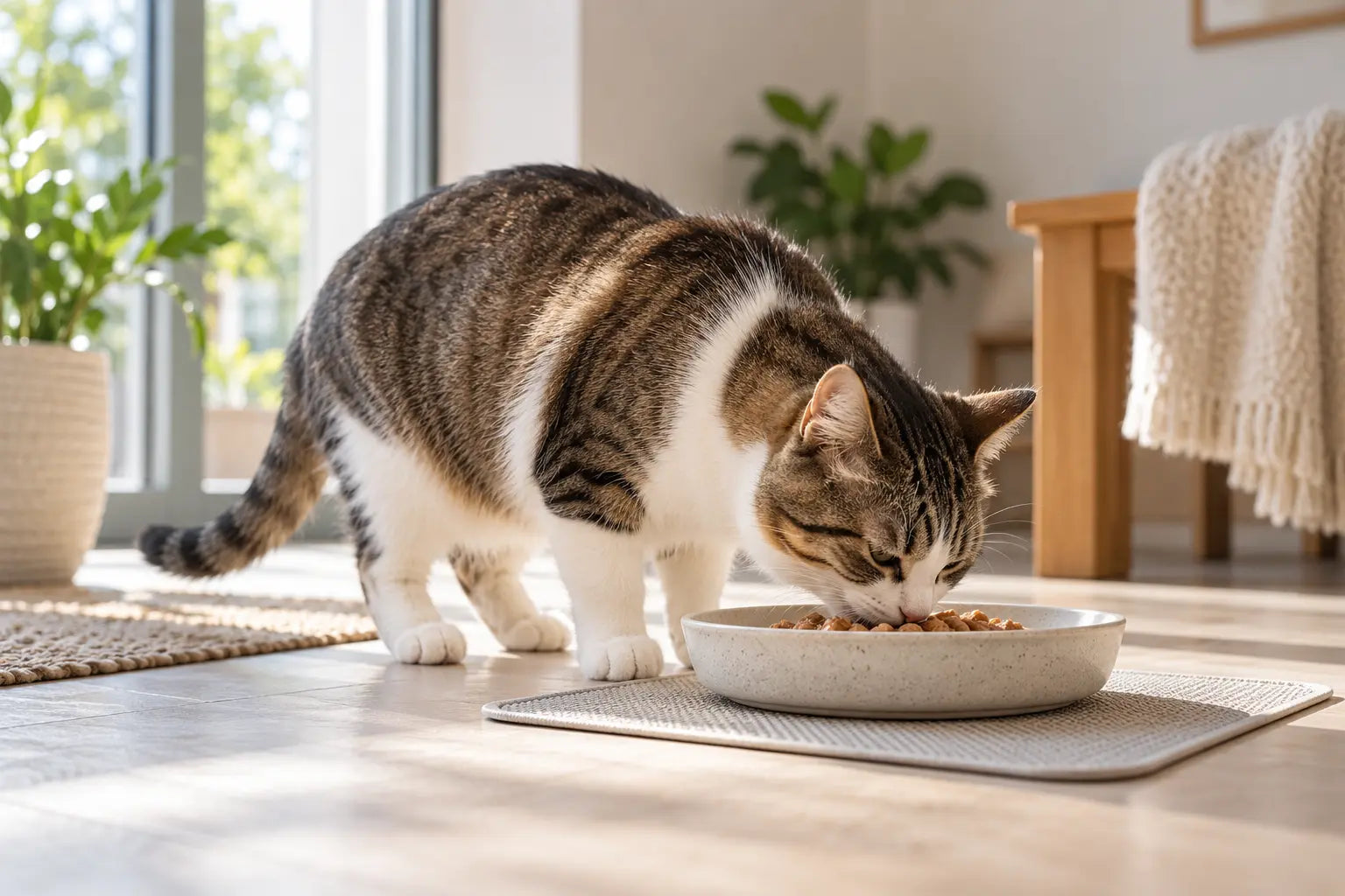 Kat eet comfortabel uit een brede ondiepe keramische voerbak