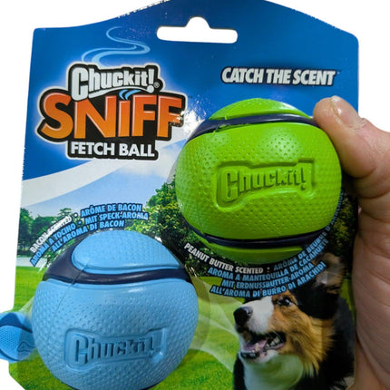 Chuckit Sniff Fetch Bal Combo – Apporteerballen met Pindakaas- & Bacongeur – 6 cm (2 stuks)