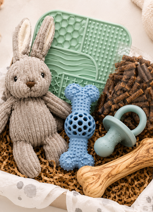 Fidello cadeaupakket voor een nieuwe puppy – welkomstpakket met o.a. speelgoed, snacks en likmat