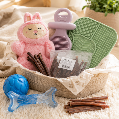 Fidello cadeaupakket voor een nieuwe puppy – welkomstpakket met o.a. speelgoed, snacks en likmat